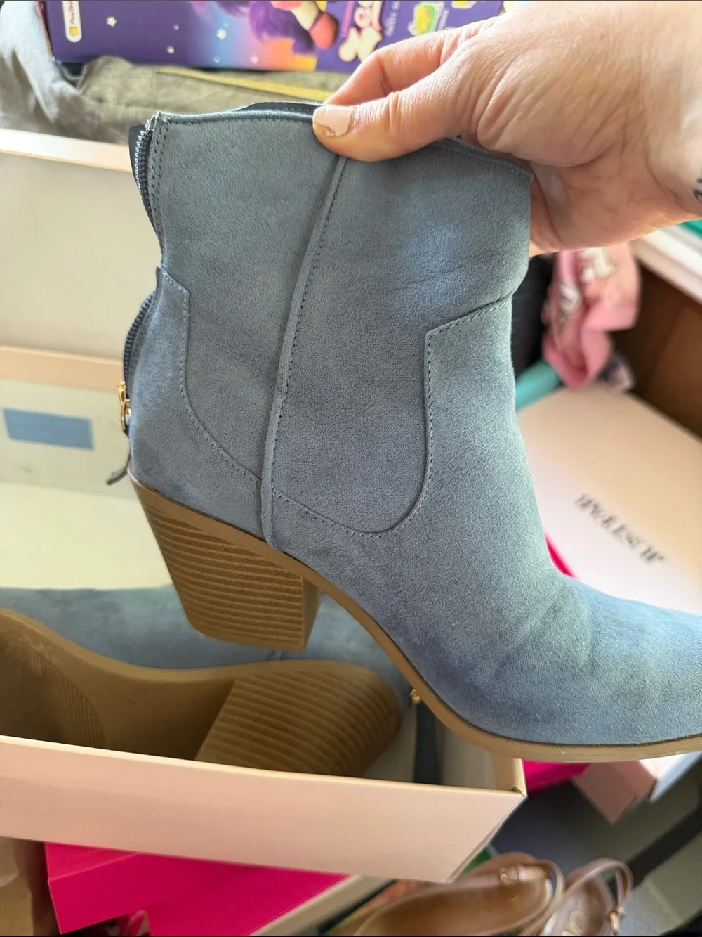 Women’s Light Blue Suede Ankle Boot with Block Heel